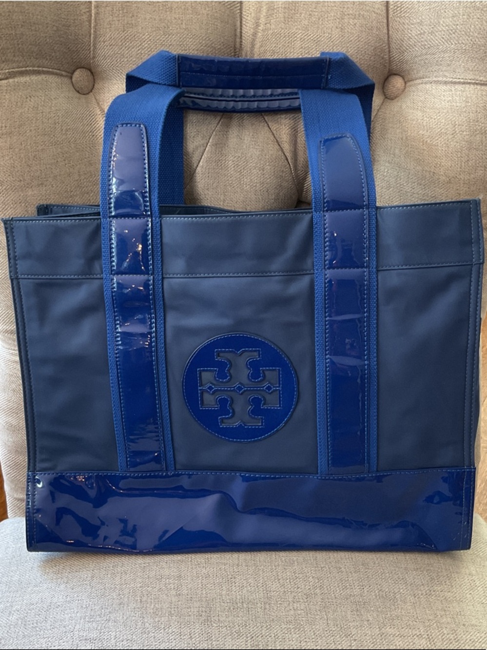 Tory Burch Ella Cobalt Blue Nylon and Patent Accent Tote